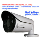 1080P 4IN1 TVI/AHD/CVI/CVBS 2.8-12mm Varifocal Lens In/Outdoor Bullet Camera Dual Power DC12V AC24V (White) - 101AVInc.